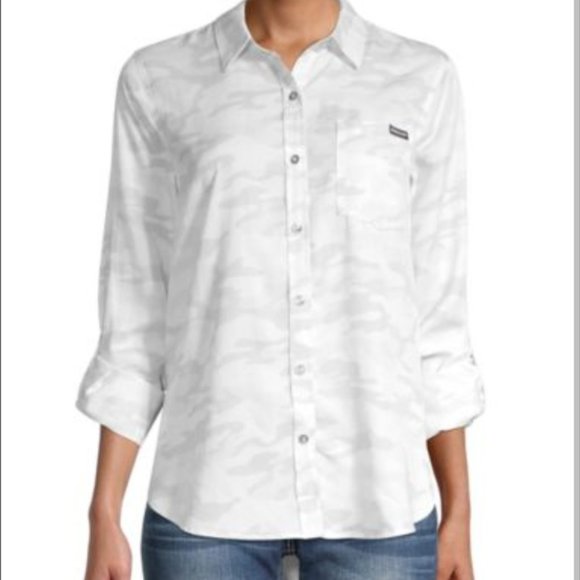 Calvin Klein Jeans Women's Tie Front Button Down Top with Roll Tab Sleev… - Picture 1 of 8